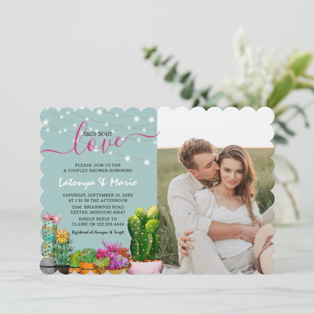 Taco 'bout Liebe Fiesta Paare Dusche Foto Einladung (Stehend Vorderseite)