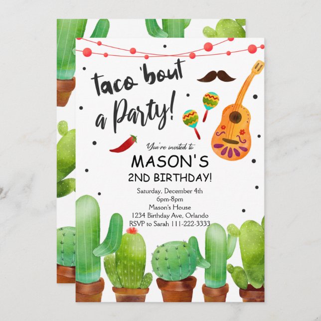 Taco Bout Party Fiesta Watercolor Cactus Invite Einladung (Vorne/Hinten)