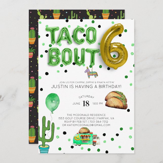 Taco Bout Six | Einladung zum sechsten Geburtstag (Vorne/Hinten)