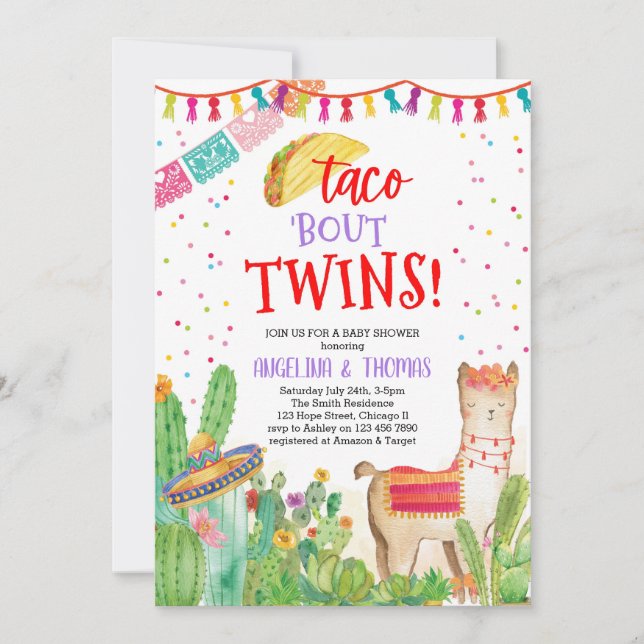Taco Bout Twins Fiesta Llama Mexican Baby Shower Einladung (Vorderseite)