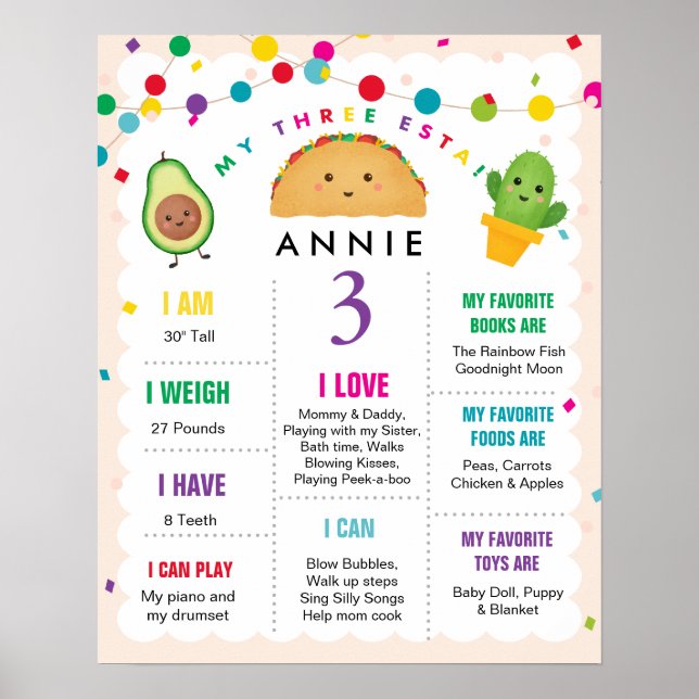 Taco DREE-ESTA 3RD Birthday Girl Milestone Poster (Vorne)