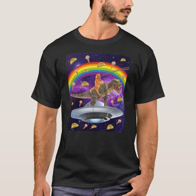 Taco Kitty Rainbow Laser Eye T-Rex Riding Space Ca T-Shirt (Vorderseite)