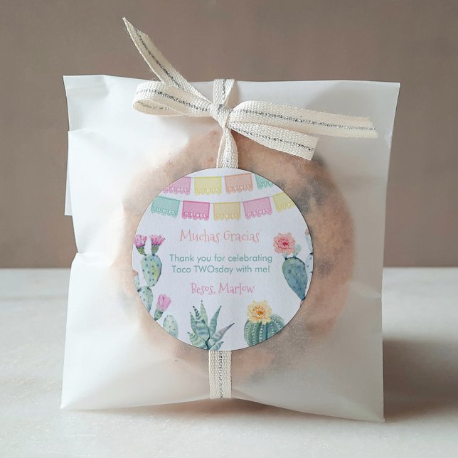 Taco über ein Fiesta Baby Dusche Party Vielen Dank Runder Aufkleber (Colorful Mexican theme Taco TWOsday or THREE-esta birthday party favor thank you sticker)