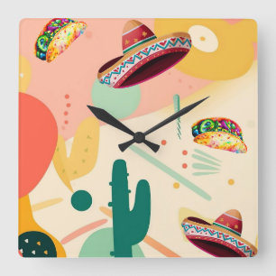 Taco und Sombrero-Party Quadratische Wanduhr