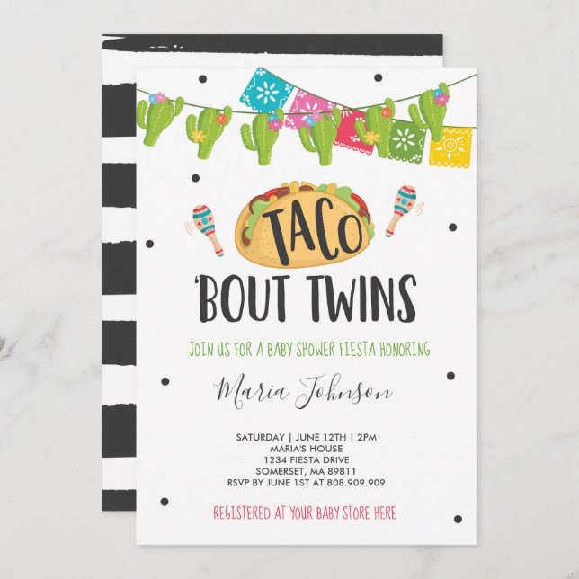 Taco'Bout Twins Fiesta Twin Baby Dusche Einladung (Vorne/Hinten)