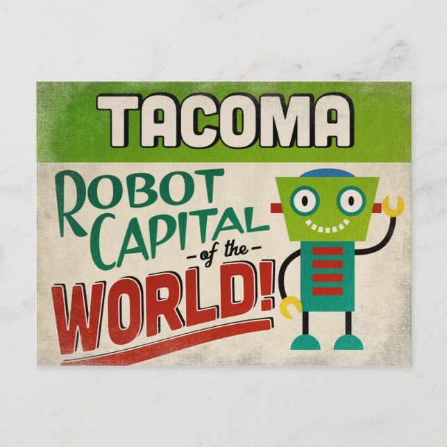 Tacoma Washington Robot - Funny Vintag Postkarte (Vorderseite)