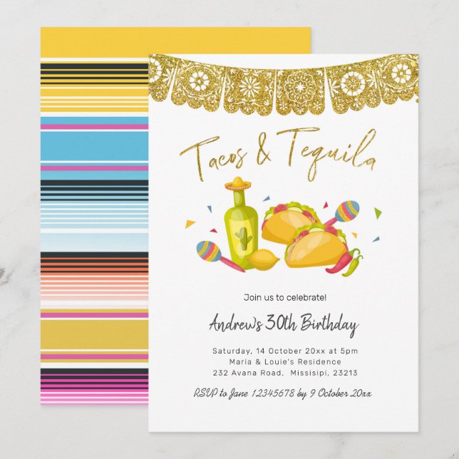 Tacos and Tequila Fiesta Birthday Invitation Einladung (Vorne/Hinten)