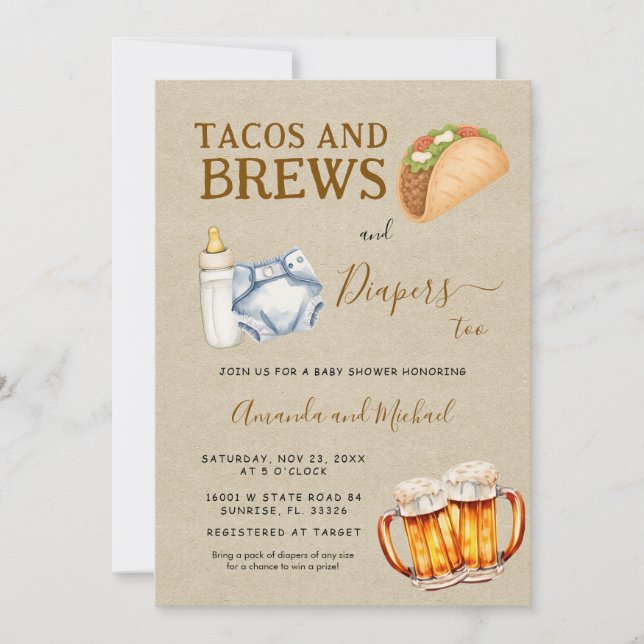 Tacos Brews and Diapers Baby Shower Kraft Einladung (Vorderseite)