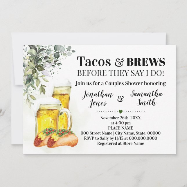 Tacos & Brews Dusche Eukalyptus Grüne Einladung (Vorderseite)