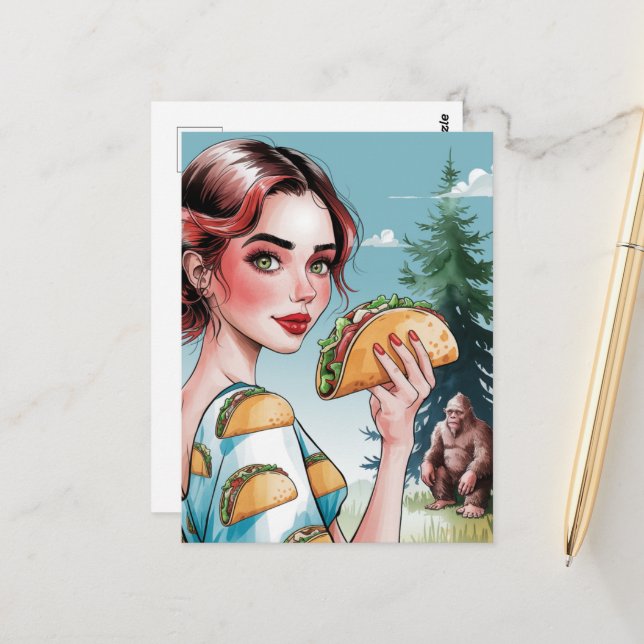 Tacos im Wald mit traurigem Sasquatch Postkarte (Vorderseite/Rückseite Beispiel)