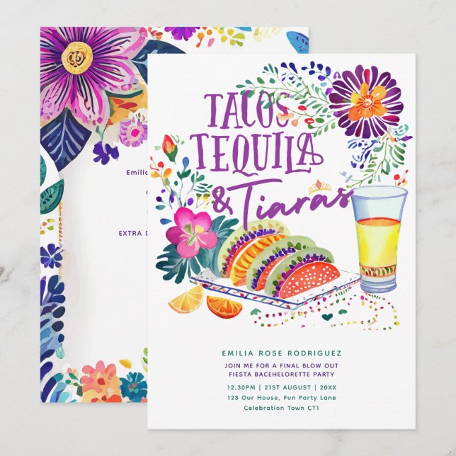 Tacos Tequila Tiaras Letzte Fiesta Bachelorette Einladung (Vorne/Hinten)