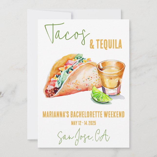 Tacos und Tequila Bachelorette Weekend Party Einladung (Vorderseite)