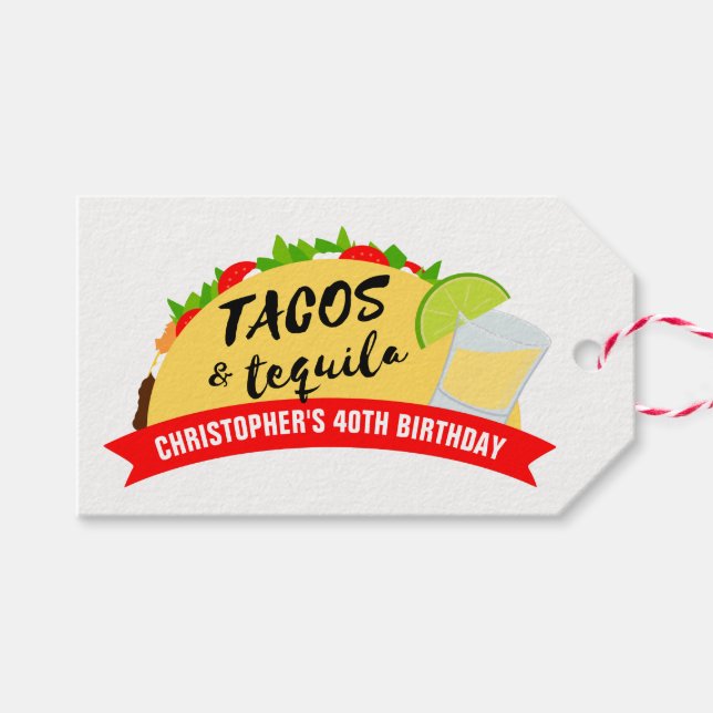 Tacos und Tequila Geburtstagsparty Geschenkanhänger (Vorderseite (Horizontal))