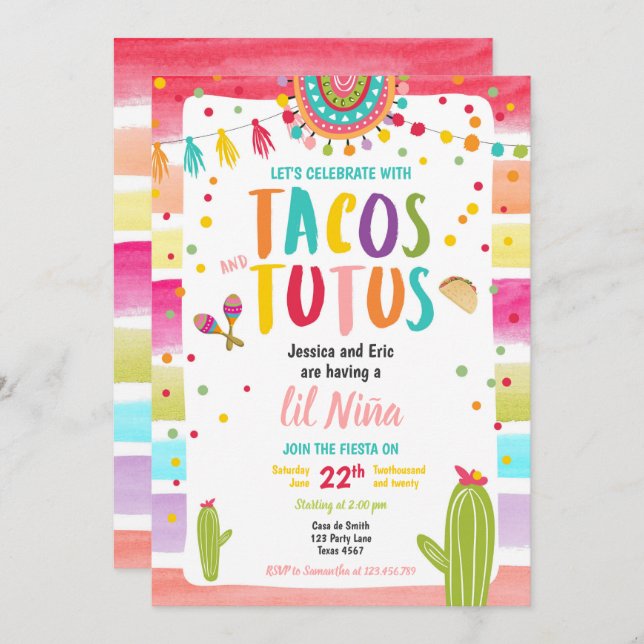 Tacos und Tutus Mexican Fiesta Couples Babydusche Einladung (Vorne/Hinten)