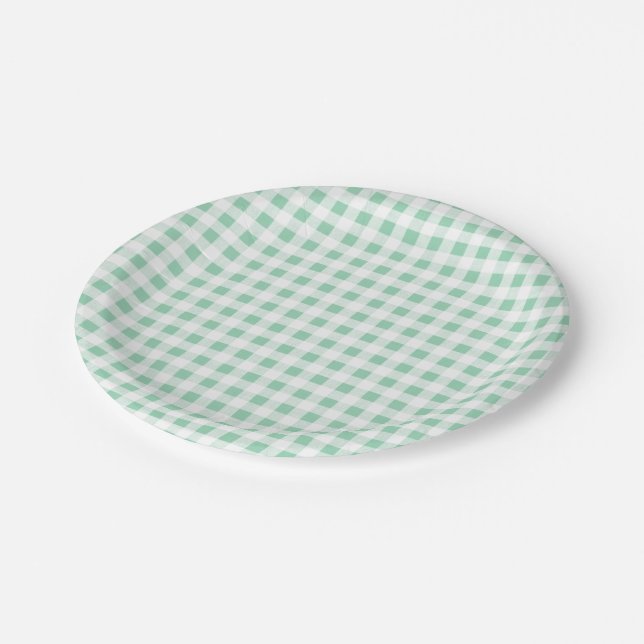Tadelloses grünes weißes Gingham PatternMint Grün Pappteller (Schrägansicht)