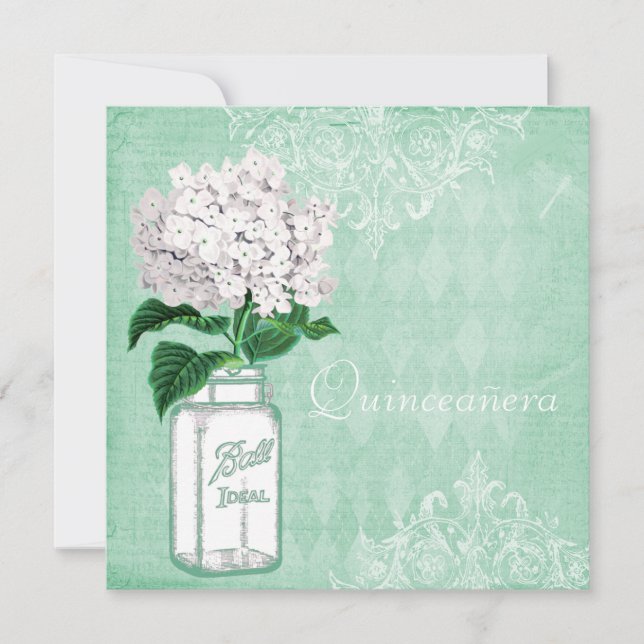 Tadelloses Shabby Chic-Maurer-Glas u. Hydrangea Einladung (Vorderseite)