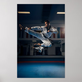 Taekwondo-Athlet führt einen fliegenden Seitentrit Poster