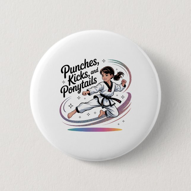 Taekwondo Girl Black Belt Punches Kicks Ponytails  Button (Vorderseite)