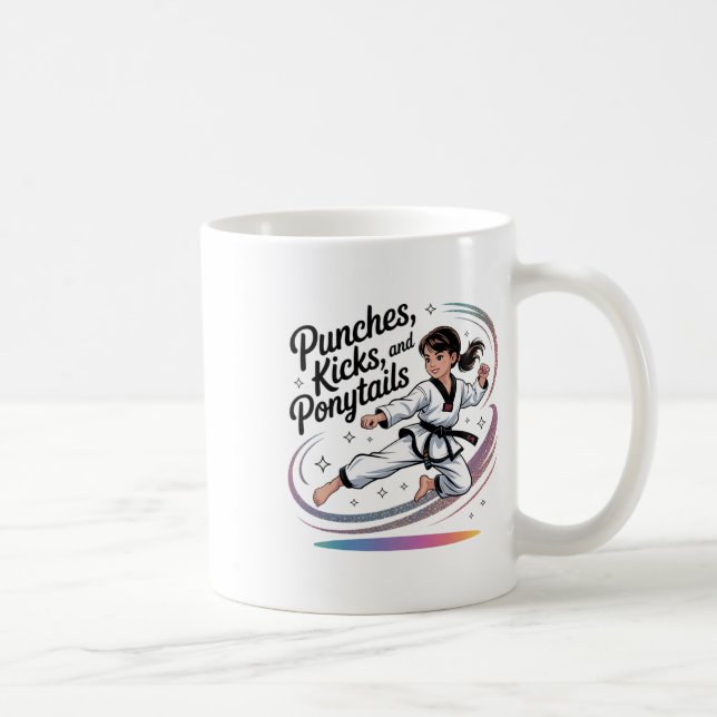 Taekwondo Girl Black Belt Punches Kicks Ponytails  Kaffeetasse (Rechts)