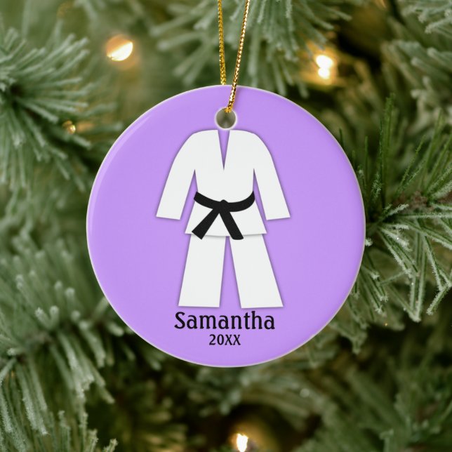 Taekwondo Karate Black Belt Lila Personalisiert Keramikornament (Baum)