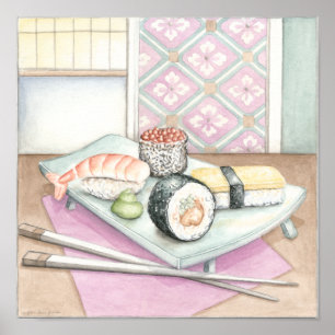 Tafel aus Sushi mit Chopsticks Poster