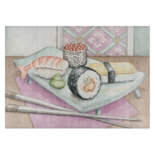 Tafel aus Sushi mit Chopsticks Schneidebrett (Vorderseite)