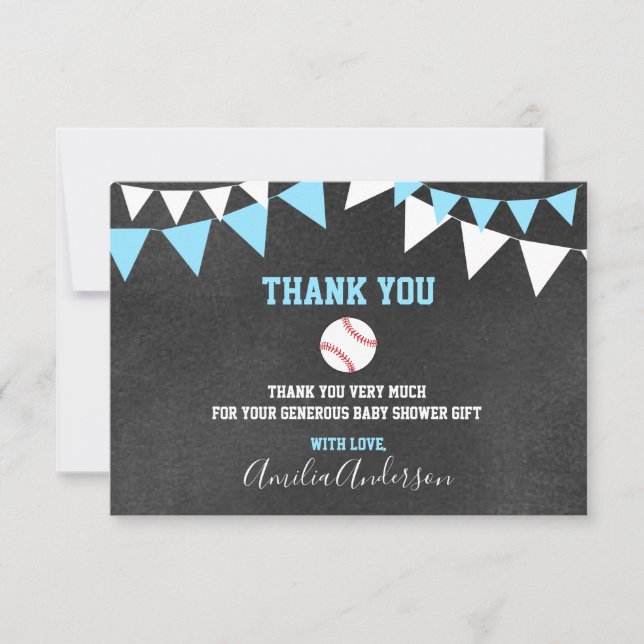 Tafel DANKEN IHNEN blaue BASEBALL-JUNGEN-Babyparty Dankeskarte (Vorderseite)
