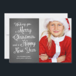 Tafel-Feiertags-Foto-Weihnachten wünscht Koralle Feiertagskarte<br><div class="desc">Die Tafelfeiertagskarten, welche die Wörter "wünschen Ihnen frohen Weihnachten und ein glückliches neues Jahr", im Weiß, niedliche und gelockte Kalligraphie kennzeichnen, mögen Schriftbild, und eine Fotoschablone lächelndes Mädchen gekleidet wie Weihnachtsmann. Die Rückseite dieser Tafel Weihnachtskarten kennzeichnen einen festlichen Seeentwurf, mit einer Koralle und weißen horizontalen einem Streifenmuster. Fertigen Sie leicht...</div>