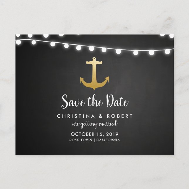 Tafel-Imitat-Goldfolien-Anker Save the Date Ankündigungspostkarte (Vorderseite)