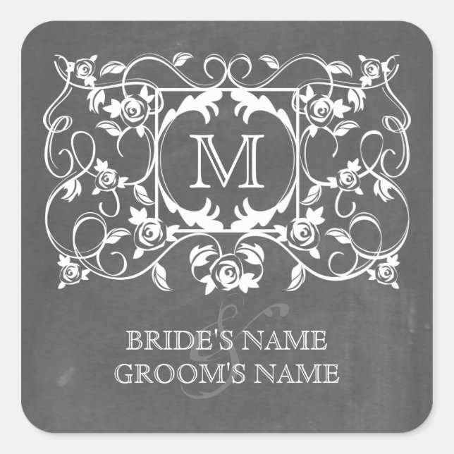 Tafel Inspiriert Rose Monogramm-Aufkleber Quadratischer Aufkleber (Vorderseite)