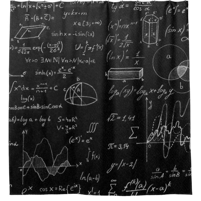 Tafel mit wissenschaftlichen Formeln und  Duschvorhang (Vorderseite)