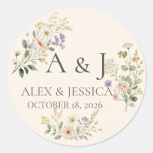 Tafel: Personalisierte Aquarell-Wildblumen-Hochzei Runder Aufkleber
