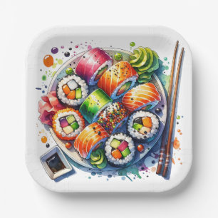 Tafel Sushi, Soja Sauce und Chopsticks Geburtstag Pappteller