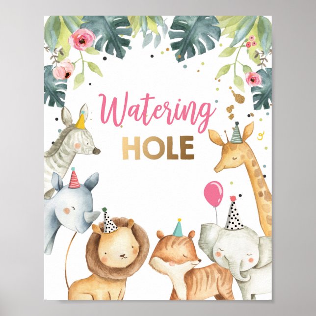 Tafelschild "Waterhole Wild Animal Girl Birthday" Poster (Vorne)