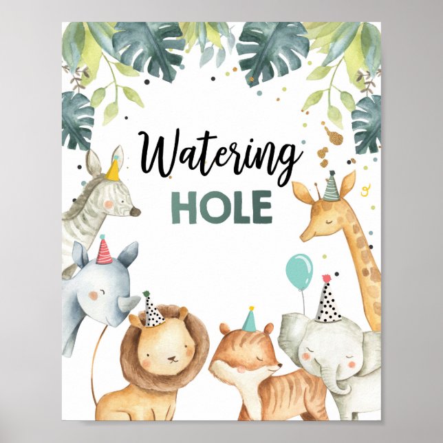 Tafelschild "Waterhole Wild Animals Boy Birthday" Poster (Vorne)