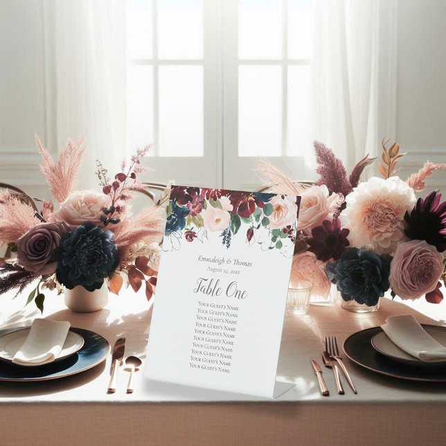 Tafelsitzkarte Navy Blue und Burgund Floral Sockelschild (Von Creator hochgeladen)