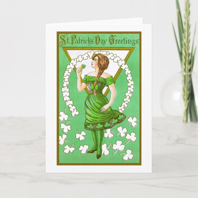 Tag Damen-Holding Shamrock Vintage St Patricks Karte (Vorderseite)