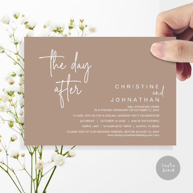 Tag danach, Post Hochzeit Party, warme Taupe Einladung (The Day After, Modern Post Wedding Party Invitation Card, PDF, in warm taupe brown)