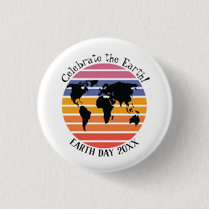 Tag der Erde Weltkarte Retro Sonnenuntergang Silho Button