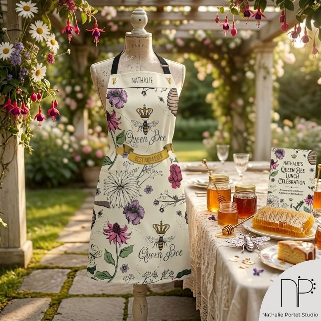 Tag der hübsch-gelben, schwarzen und goldenen-köni schürze (This Queen Bee Royal Crown Apron features hand-drawn art, perfect for Mother’s Day and birthdays.)