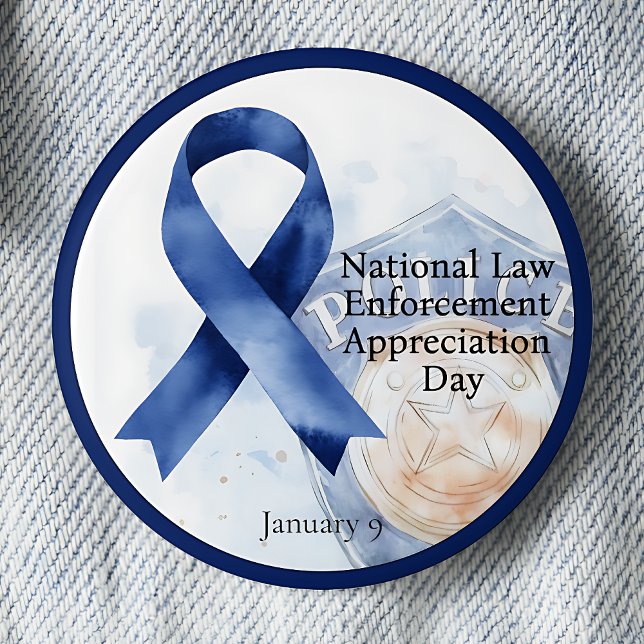Tag der nationalen Strafverfolgung Januar Button (Blue awareness ribbon National Law Enforcement Appreciation Day pinback button.  January 9.)