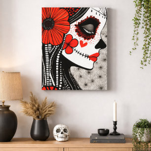 Tag der Toten Catrina Rot Schwarz Gothic Floral Leinwanddruck