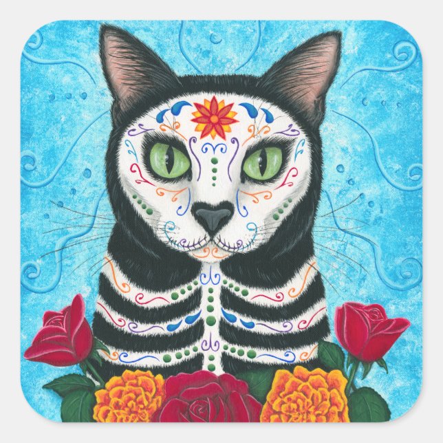 Tag der Toten Katze Zucker-Schädel-Sticker Quadratischer Aufkleber (Vorderseite)