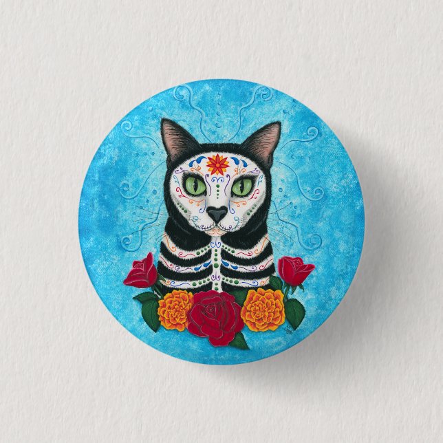 Tag der toten Katzen-Zuckerschädel-Katzen-Kunst Button (Vorderseite)