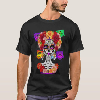 Tag der Toten Kostüm La Catrina Totenkopf Blumen T-Shirt