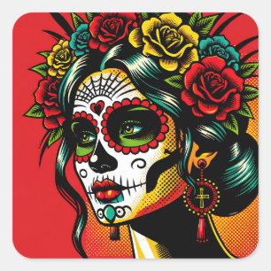 Tag der toten mexikanischen Catrina-Rosen Quadratischer Aufkleber