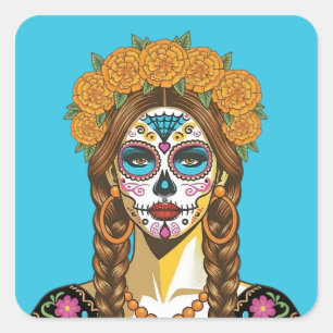 Tag der Toten Ringelblume Catrina Quadratischer Aufkleber
