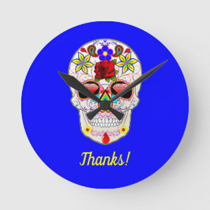 Tag der Toten Rose Skull on Blue Runde Wanduhr