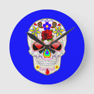 Tag der Toten Rose Skull on Blue Runde Wanduhr