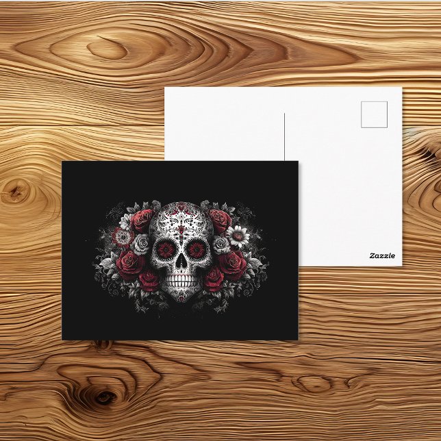 Tag der Toten rote florale Schädelkunst Postkarte (Von Creator hochgeladen)